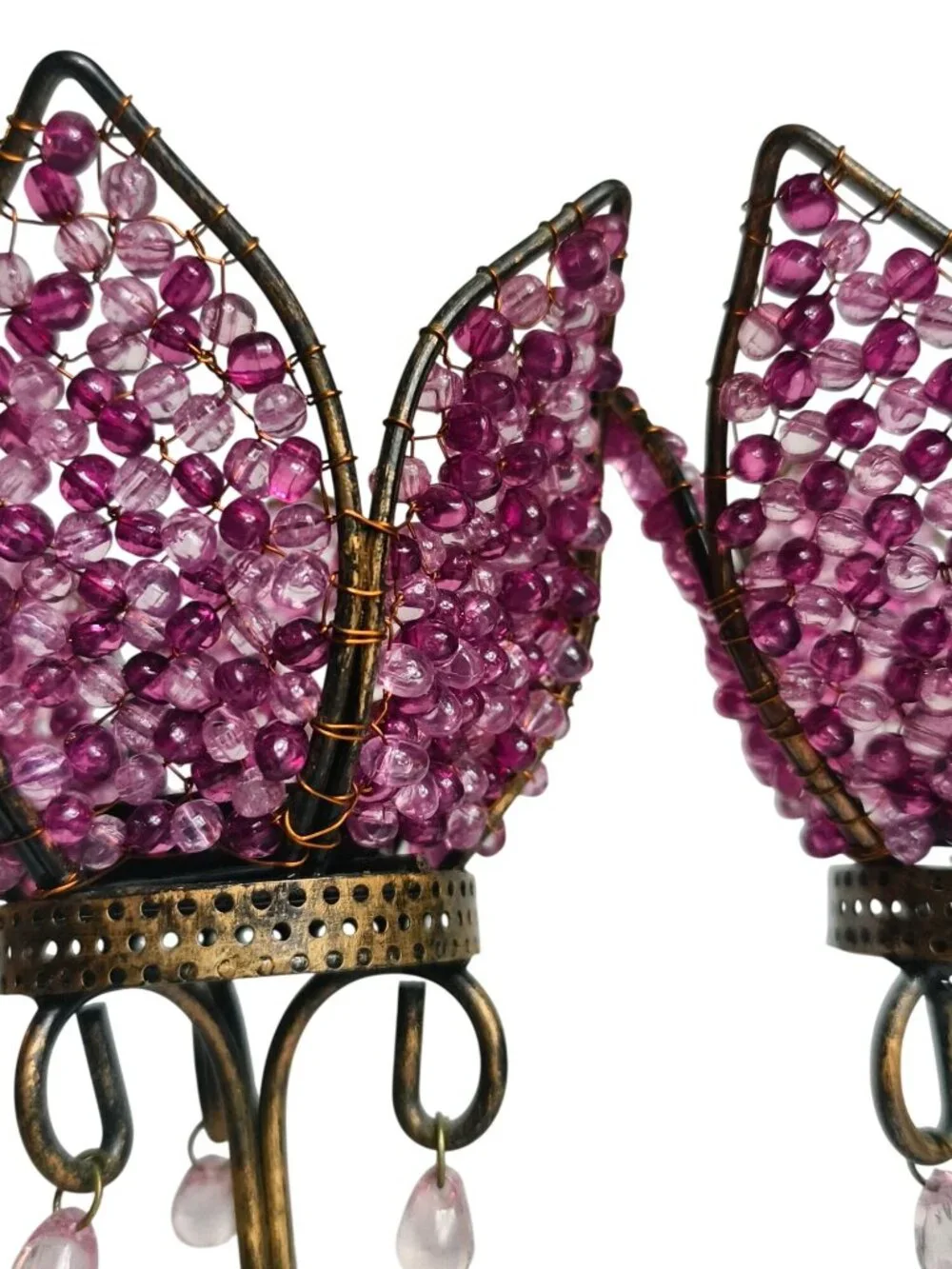 Vtg Set of 2 Beaded Lotus Tealight Candle Holders Crystals Scroll Base Handcraft